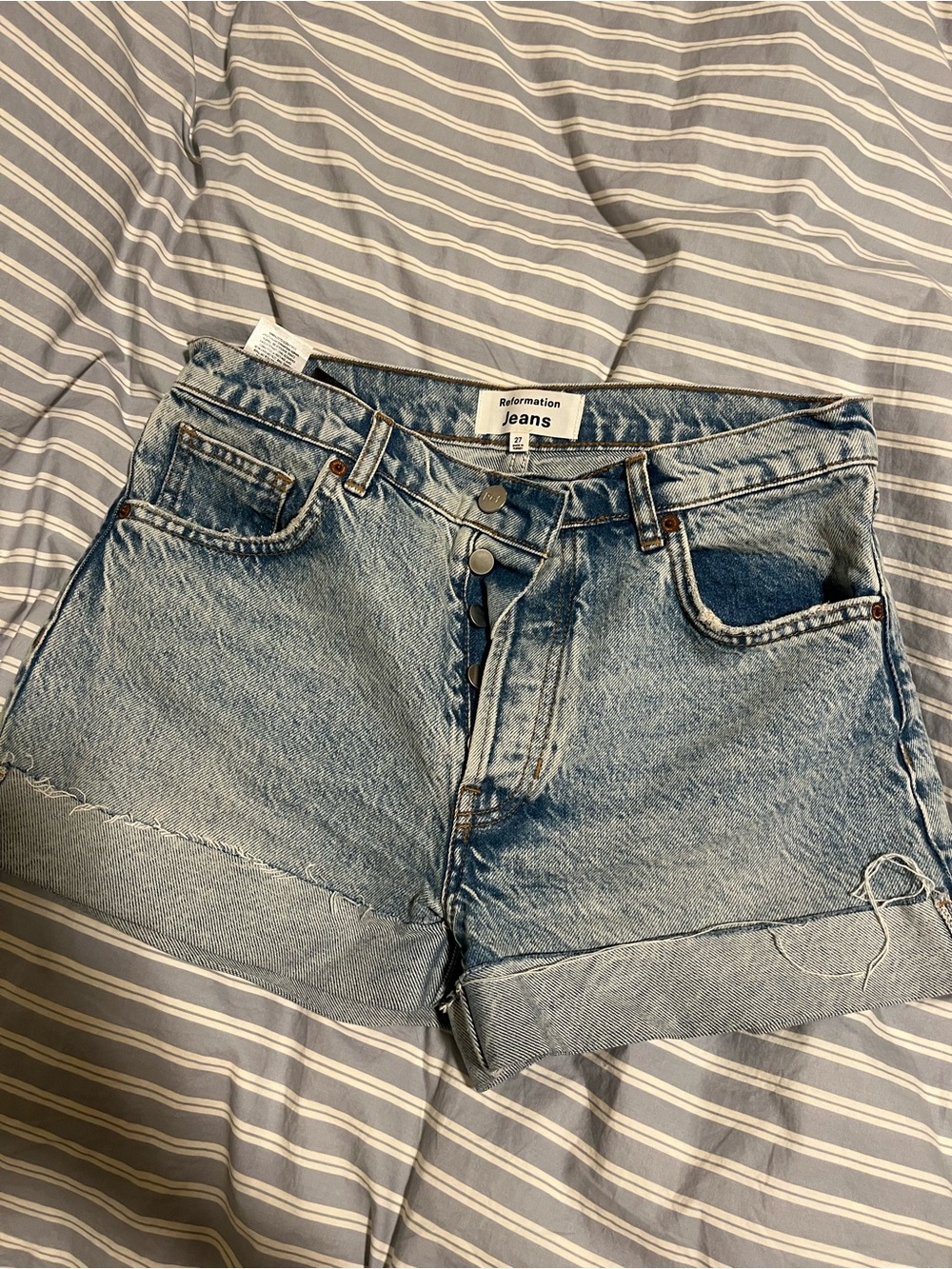 Reformation Light Wash Button-Fly Jean Shorts